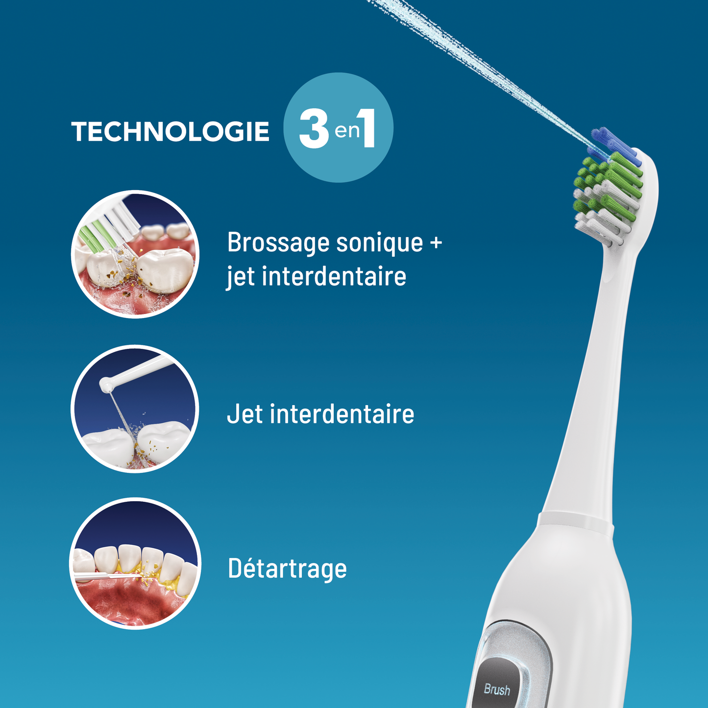 Brosse à dents électrique 3 en 1 : brossage, jet interdentaire, détartrage